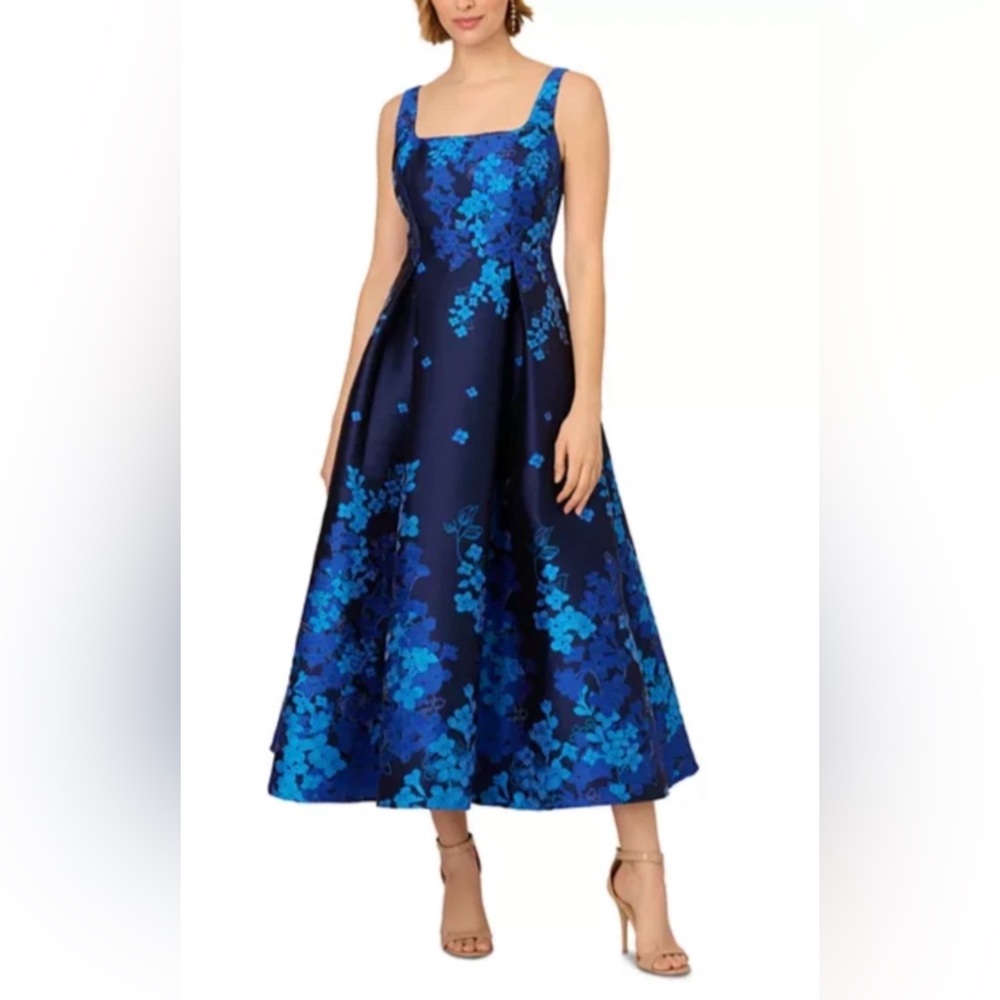 Adrianna Papell Navy and Teal Floral Midi Dress